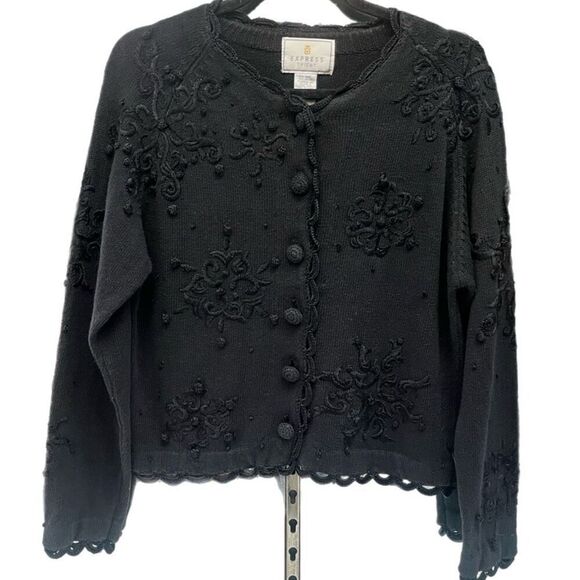 Express Sweaters - Express Tricot Vintage 90's Black Embroidered Long Sleeve Cardigan Sz XS